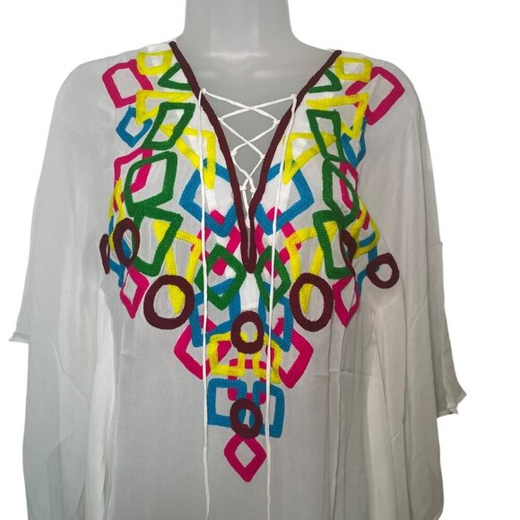 Monique Leshman White Embroidered 100% Silk Sheer Blouse Tunic Top Size Small - Picture 6 of 7